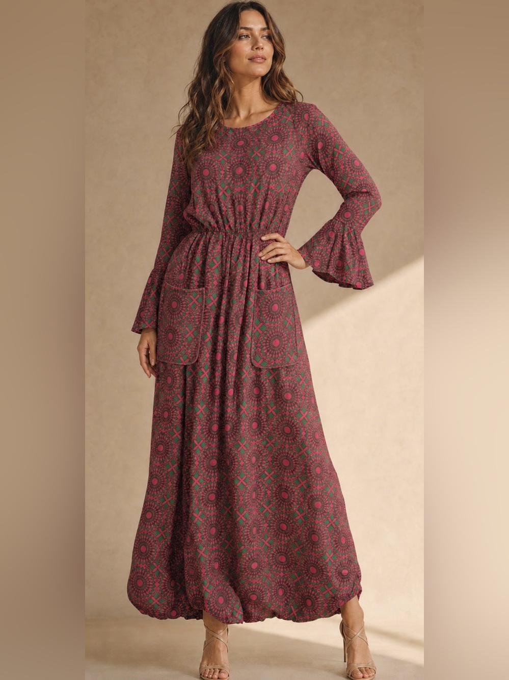 Long Sleeve Printed Maxi Dress in pink and green